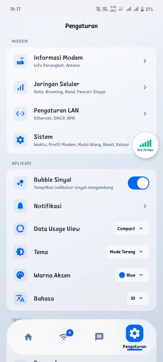 Light theme — Apps and Modem settings