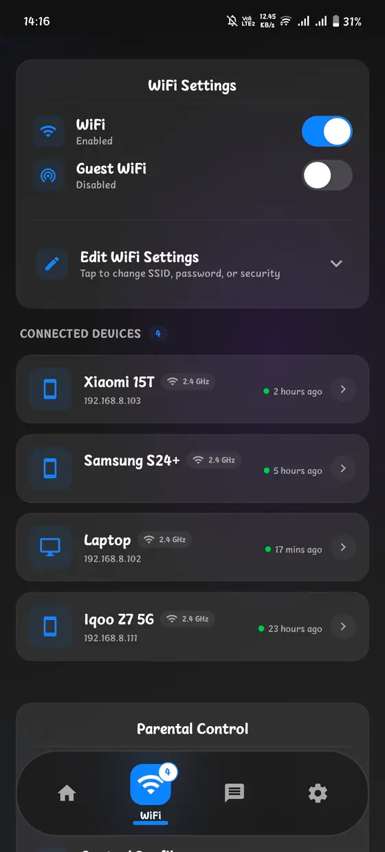 Dark theme — WiFi device management